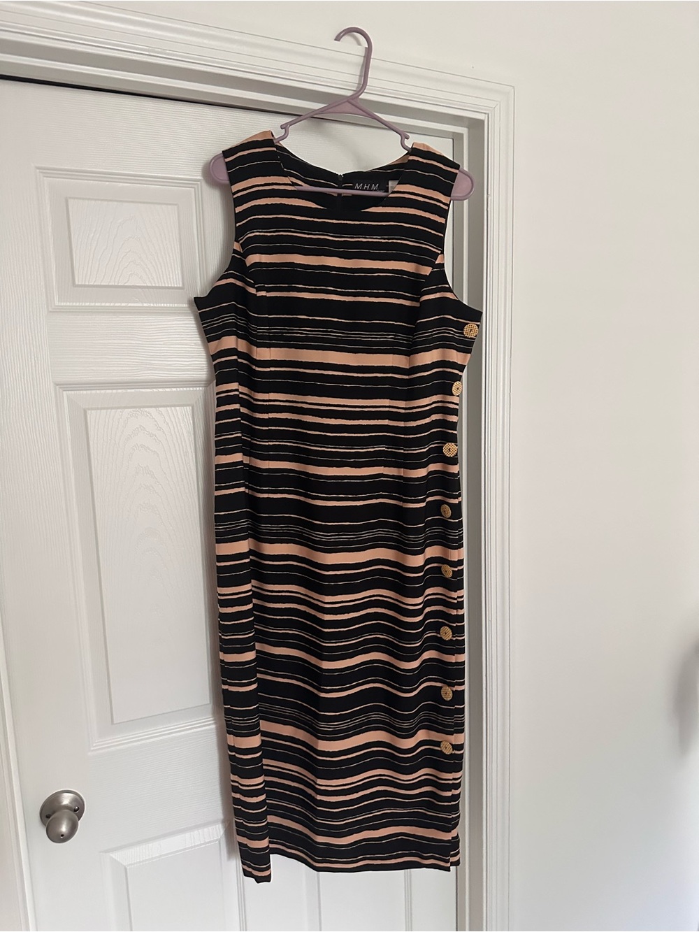 Sleeveless Black and Tan Striped Midi Dress